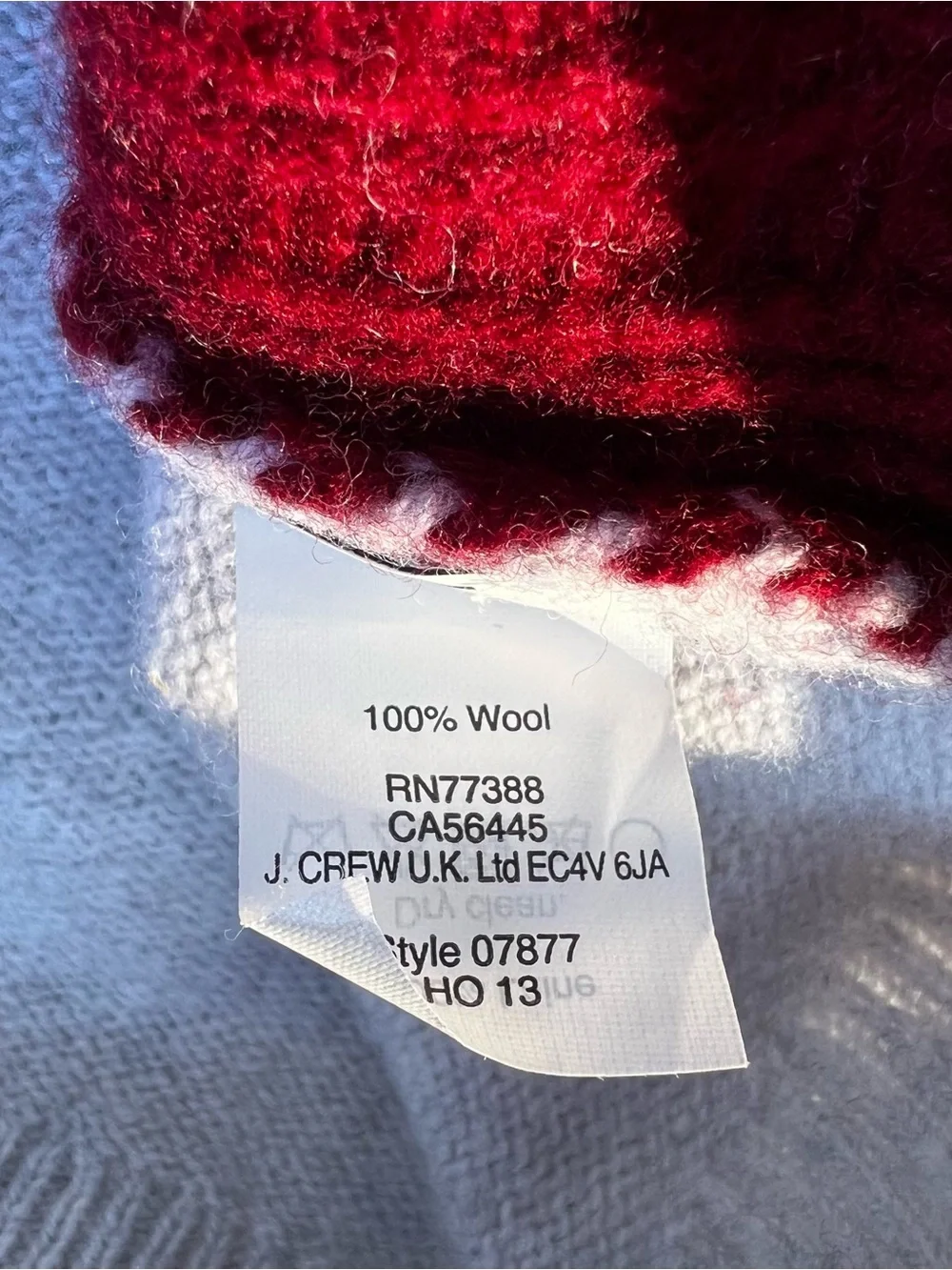 J. Crew Light Gray Wool Sweater with Burgundy Llama Motif and Jewel Accents